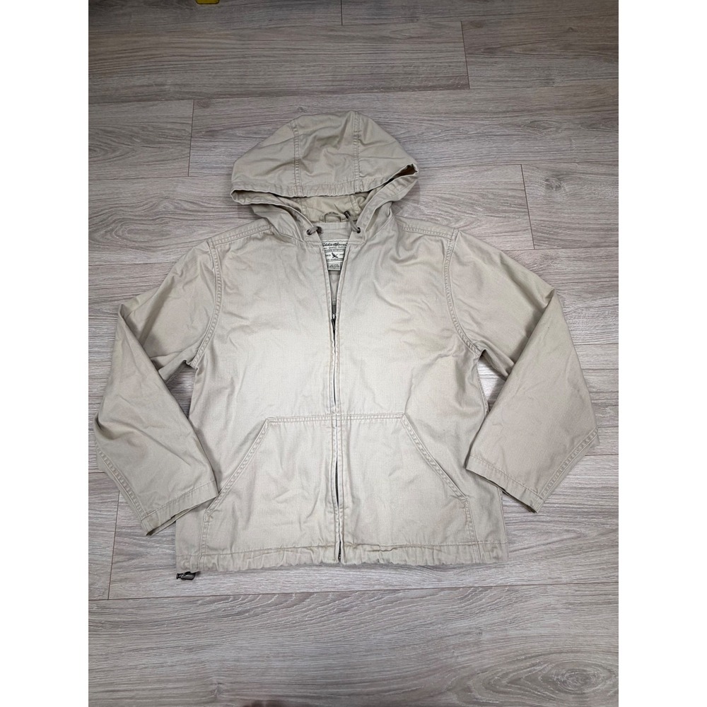 Eddie Bauer Mens Tan Khaki Cotton Twill Full Zip Hooded Jacket Size M 0360